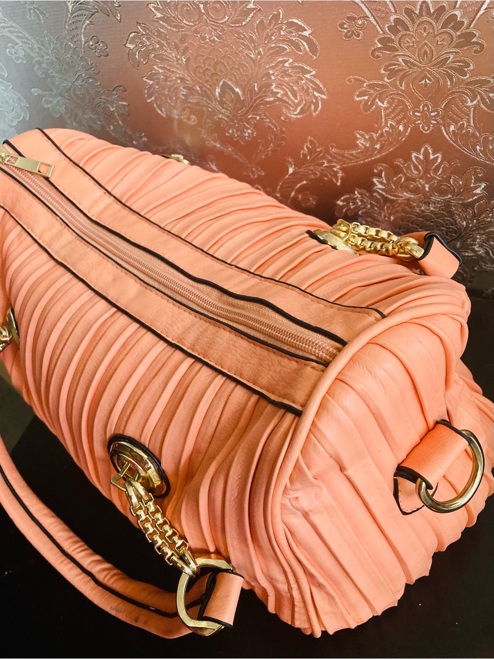 Pleated Coral Satchel Handbag with Gold Hardware - Picture 6 of 7